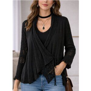 Sacred Threads Sweater Womens L XL Black Open Front Crochet Cardigan Boho Goth